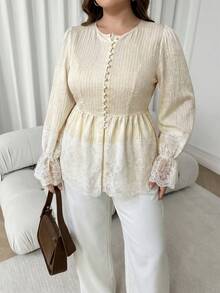 Solavon Plus Size Sweet French Style Button Lace Patchwork Flared Cuff Blouse - Beige - View 4