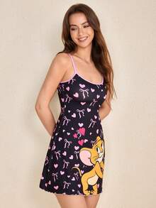 TOM & JERRY X SHEIN 女款蝴蝶結與愛心印花休閒細肩帶睡裙 - 黑色 - 查看 3