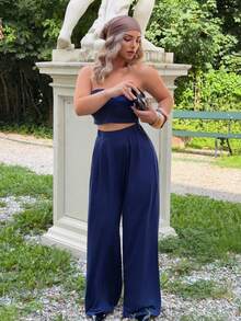 Jeta Ari Women Fashionable Ruched Strapless Wide Leg Pants Set Summer Vacation Holiday Beach BOHO Sexy Elegant - Navy Blue - View 6