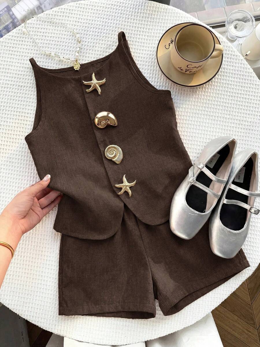 Set Tank Top dan Celana Pendek Cokelat untuk Remaja Perempuan, Pakaian Kasual Sehari-hari untuk Remaja Perempuan - Coklat - View 1