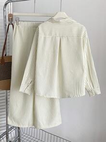 SHEIN 2件組女孩大童上衣套裝，休閒日常度假風，寬鬆長袖襯衫＋休閒寬鬆寬腿褲，杏色條紋 - 彩色 - 查看 2
