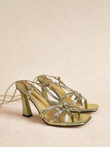 Rosivie Spring/Summer Gold Square Toe Chunky Heel Hollow Lace-Up French Style High Heel Sandals Roman Shoes - Light gold - View 4