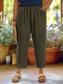 EMERY ROSE Pantalones Capri Minimalistas Casuales de Talla Grande con Botones en el Bajo y Bolsillos - Verde militar - Ver 3