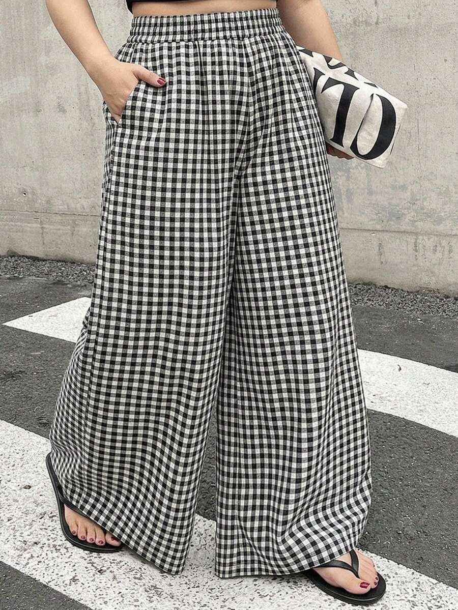 Dazy Plus Plus Size Plaid Elastic Waist Loose Wide Leg Pants Casual Spring Summer Autumn - Black and White - View 1