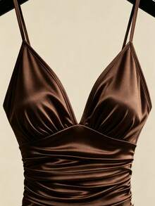 Franclia French Luxury Champagne Satin Waist-Cinched Cami Romper - Brown - View 3