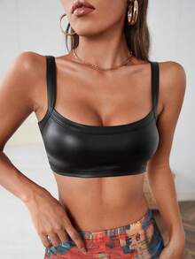 SHEIN ICON Top de tirantes corto unicolor PU - Negro - Ver 1
