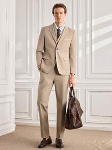 Officeau Men's 3pcs Beige Luxury Suits, Blazer & Waistcoat & Pants, For Formal Business/ Office/ Wedding - Beige - View 1