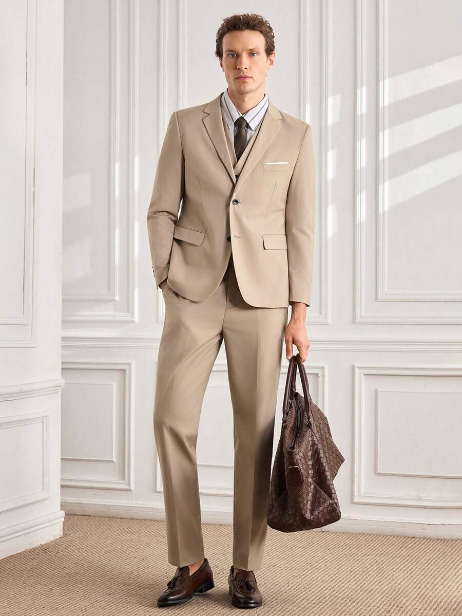 Officeau Men's 3pcs Beige Luxury Suits, Blazer & Waistcoat & Pants, For Formal Business/ Office/ Wedding - Beige - View 1