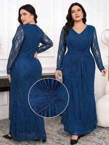 Modelyn Plus Size Elegant Party Solid Color Lace Dress - Blue - View 3