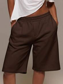 MUSERA ESSENTIALS Loose Fit Elasticated Waist Sweat Jorts Long Shorts Cute Everyday Basics Sexy Daily Spring Summer Essential - Chocolate Brown - View 1