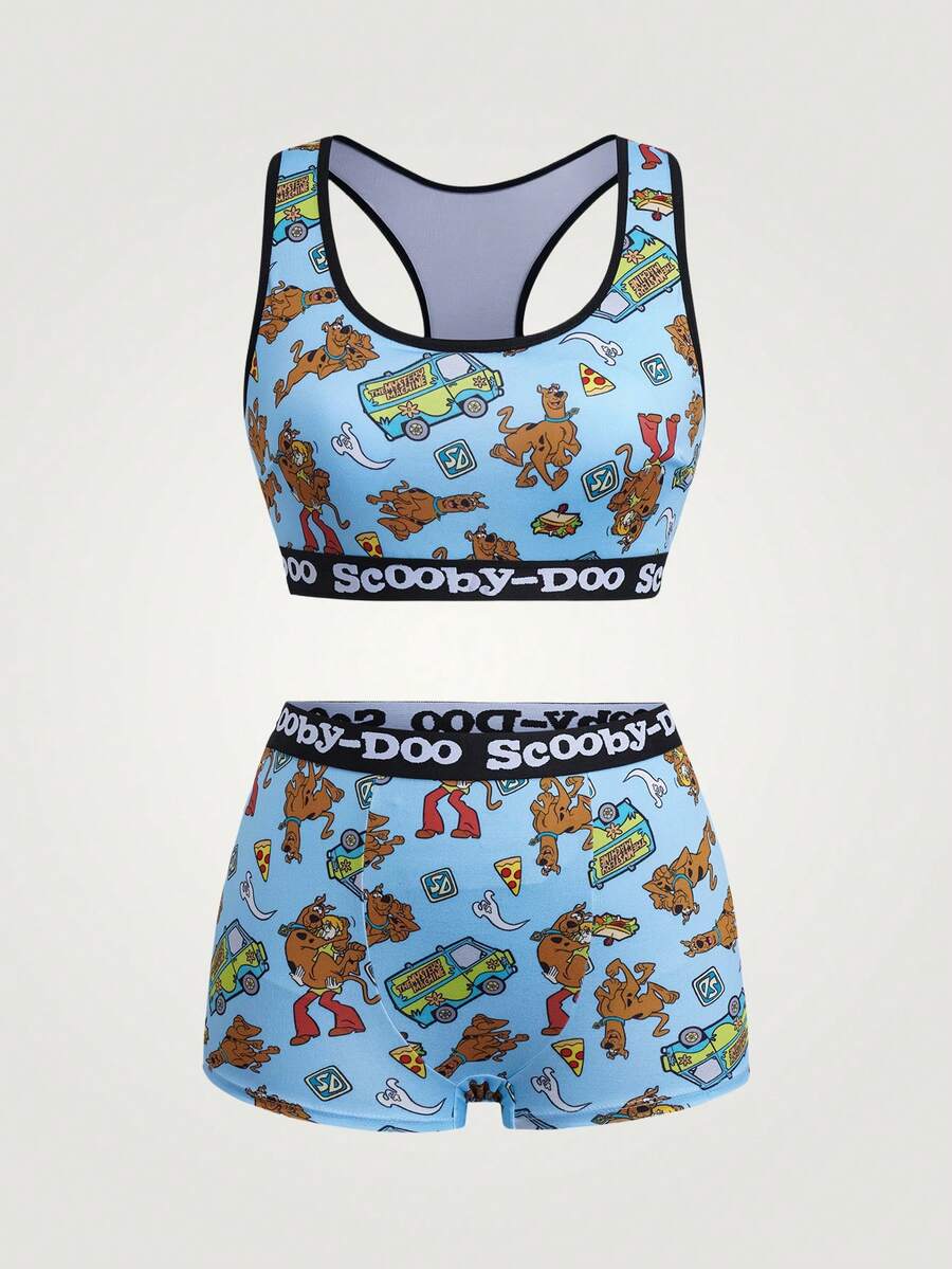 SCOOBY-DOO X SHEIN 女款內衣套裝聯名款 可拆式杯墊運動背心與低腰內褲 緹花卡通圖案滿版印花 - 藍色 - 查看 1