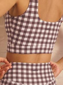 Aralina 女款休閒運動兩件式套裝，格紋印花背心與短褲健身運動套裝 - 棕色 - 查看 4