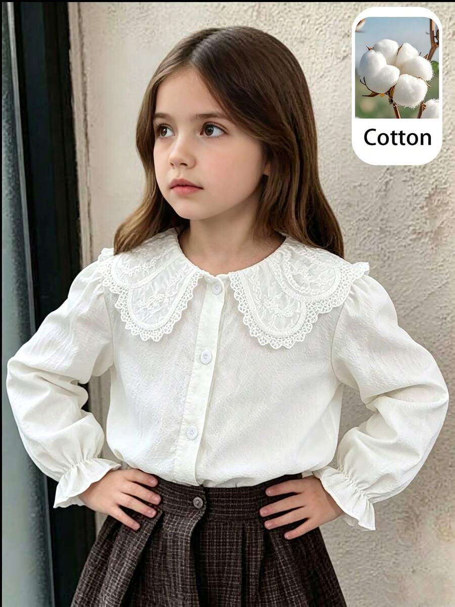 SHEIN New Back To School Season Young Girl Fashion Sweet Lace Collar White Long Sleeve Blouse, Versatile Baby Undershirt School Autumn Long Sleeve Tops - White - View 1