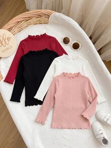 Conjunto de 4 piezas de blusas de manga larga con cuello de volantes de unicolor para niñas bebé en negro, blanco y rosa - Multicolor - Ver 5