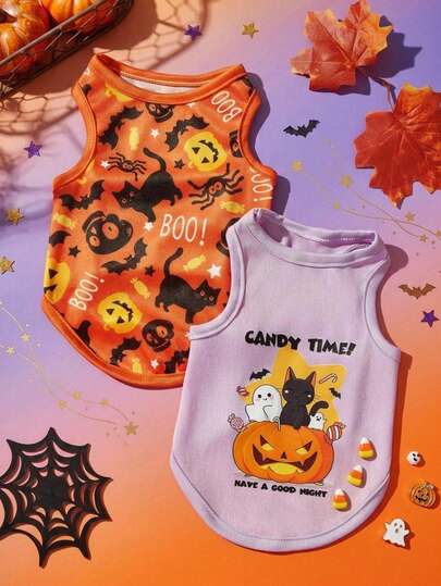 2 pezzi Gilet per cani e gatti universale Ognissanti arancione con stampa di gatto e zucca, motivo cartone animato divertente, alla moda, traspirante e comodo, design originale PETSIN