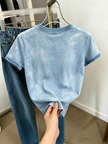 Resyla Women's Round Neck Frill Trim Casual Daily Short Sleeve T-Shirt - White - View 2