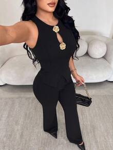 Vavine Elegant Business Casual Women's Office Wear, Metal Rose Flower Button Decor, Sleeveless High Elasticity Slim Fit Sexy Tank Top And Long Pants, 2-Piece Casual Set - Black - View 3