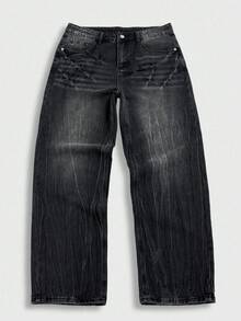 Manfinity Hypemode Celana Jeans Denim Pria American Vintage Washed Black Premium Serbaguna dengan Potongan Longgar - Hitam - View 7