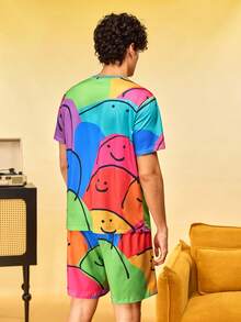 Notgurli Men's Multi-Color Smiling Face Print Milk Silk Crew Neck Short Sleeve 2-Piece Set, Casual Home Wear Outfit - Multicolor - View 2