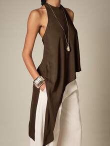 KSTM Halter Neck Asymmetric Draped Top With Open Back And Elegant Long Flowing Side Panel - Chocolate Brown - View 5