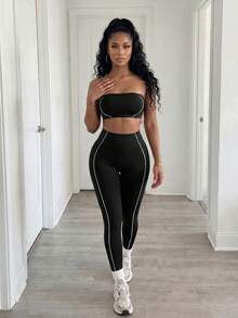 BamGleam Sleeveless Black Micro Crop Strapless Set For Active Lifestyle Strapless Two Piece Set Two Piece Legging Set Workout Set Two Piece Gym Two Sports - Black - View 6
