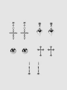 MortiRose 10pcs Simple Cross, Heart Shaped Earrings Set, Cross Stud Earrings, Mini Earrings, Fashion Earrings Accessories For Women, Suitable For Daily Wear - Silver - View 2