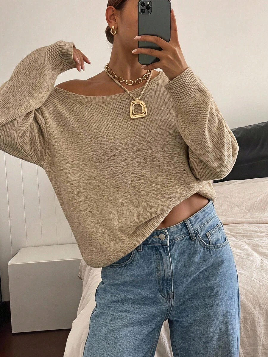 SHEIN EZwear 女款素色不對稱肩設計休閒百搭日常穿搭毛衣 - 卡其色 - 查看 1