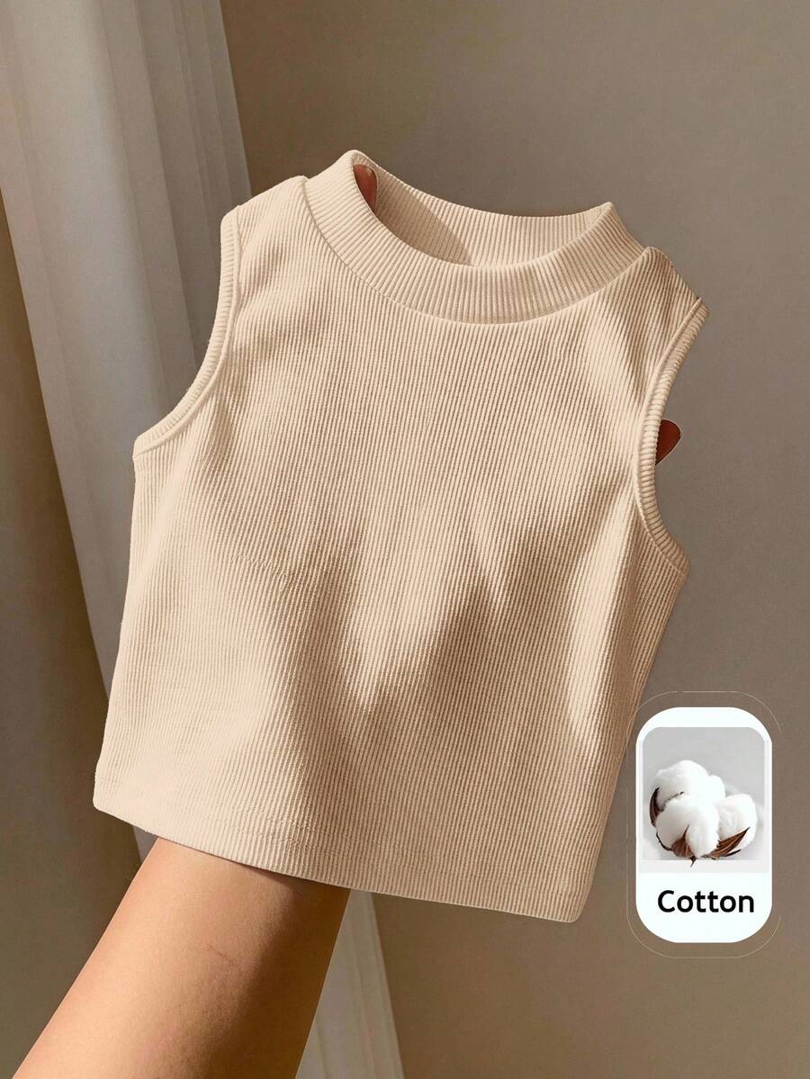 SHEIN Baby Girl Knit Solid Color Round Neck Fitted Casual Tank Top - 杏色 - 查看 1