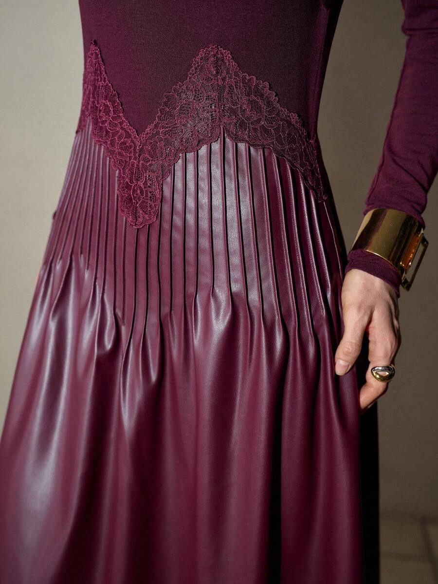 MOTF PREMIUM WOMEN'S AUTUMN/WINTER PU PLEATED KNIT PATCHWORK LONG SLEEVE MID-LENGTH DRESS - Rust Brown - View 1