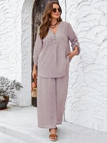 EMERY ROSE Plus Size Women's Autumn Plaid Print Long Sleeve Shirt And Pants 2 Pieces Set Fall - Multicolor - View 7