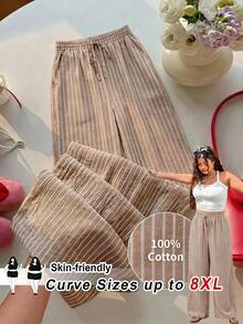 SHEIN CURVE+ 大尺碼休閒端莊條紋寬鬆長褲 2026 秋冬 22W - 棕色 - 查看 3