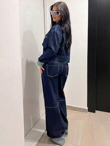 Jeanoix Jaket Denim Kasual Lengan Panjang Kancing Tunggal Ukuran Besar untuk Wanita dengan Kantong Serbaguna - Dark Wash - View 2