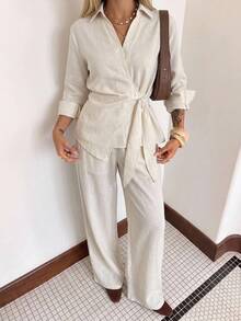 DAZY Spring Summer Casual Vacation Waist Tie Loose Shirt Top And Straight Leg Pants 2pcs Set For Women - Beige - View 9