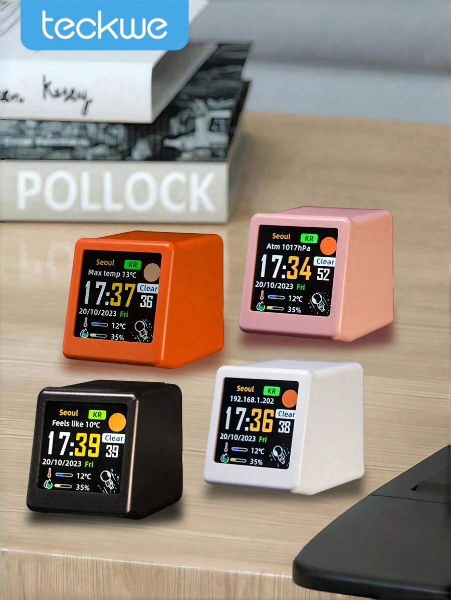 Teckwe 桌上型迷你超智能天氣時鐘，多功能顯示天氣狀況、溫度與濕度、日期與時間，附禮物動畫