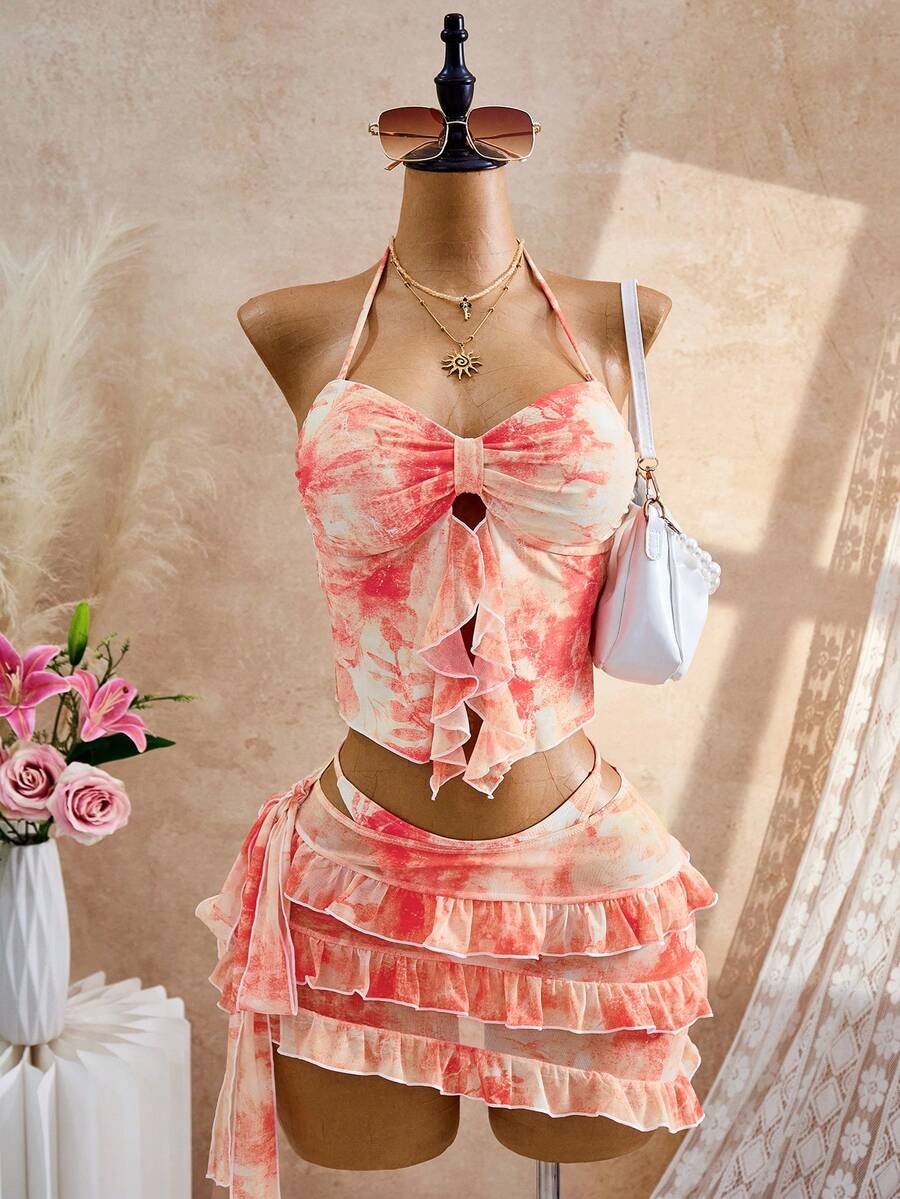 Bellisia 女款紮染印花泳衣套裝 - 珊瑚橙 - 查看 1