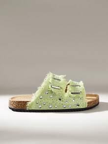 Solecia Sandalias planas de verano para mujer con diseño de borde rugoso con strass, hebilla ajustable y plantilla de corcho, para uso diario, playa y vacaciones - Verde claro - Ver 2