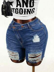 SHEIN Unity Plus Size Women Casual Everyday Wear Distressed Pocket Button Denim Shorts Date Night Dusty Blue Summer - Blue - View 5