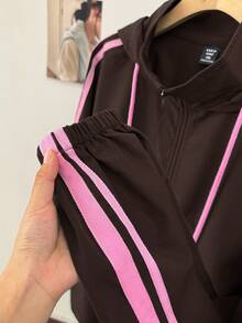 SHEIN EZwear Jaket Berkerudung Bergaris Kontras Cokelat Ukuran Besar untuk Musim Gugur - Chocolate Brown - View 4