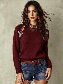 Franclia Women's French Beaded Hollow Out Drop Shoulder Sweater - Burgundy - View 1