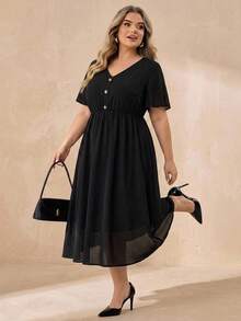 SHEIN CURVE+ Women's Plus Size Summer Casual Vacation Cinched Waist V-Neck Short Sleeve Pocket Black Conservative Dress - Black - View 5