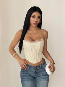 SHEIN PETITE Women's Lace Patchwork Fitted Versatile Daily Wear Tube Top - Light Yellow - View 4