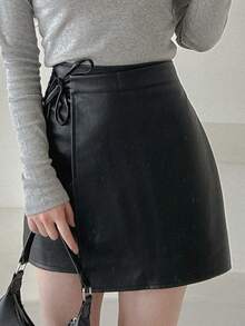 Dazy Tall Women's Sexy Casual PU Leather Lace-Up Mini Skirt - Black - View 7