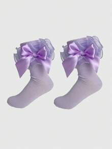 ROMWE Kawaii Calcetines tubo con volantes de malla y lazo en contraste para mujer - Morado claro 96 - Ver 5