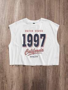 Manfinity Joysei Camiseta de tirantes corta y holgada con estampado retro 1997 para hombre, vacaciones - Blanco - Ver 1