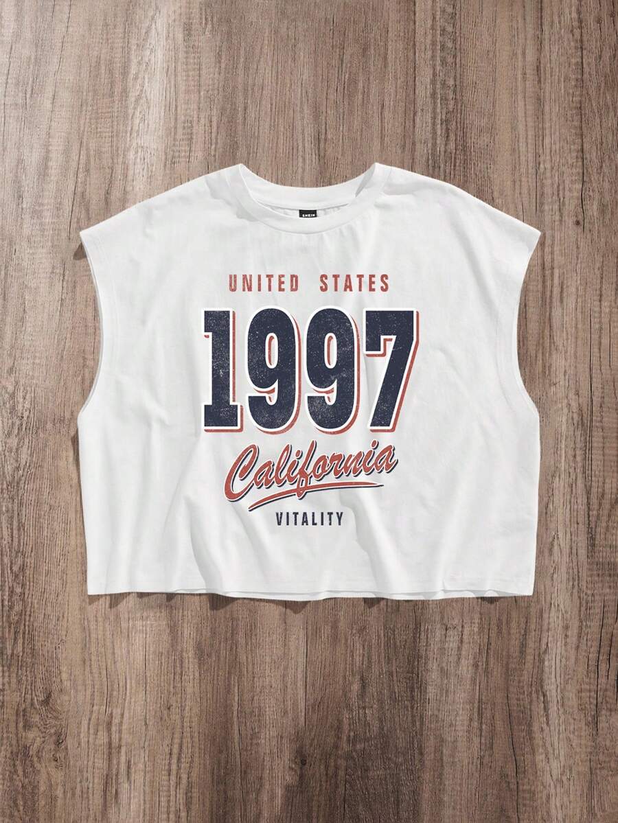 Manfinity Joysei Camiseta de tirantes corta y holgada con estampado retro 1997 para hombre, vacaciones - Blanco - Ver 1