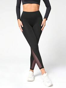 SHEIN Sports 女款网眼侧插手机袋运动紧身裤瑜伽裤 - 黑色 - 查看 8