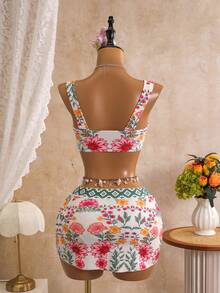 EMERY ROSE Spring/Summer New Floral Bohemian Style Floral Print Two Pieces Bikini Set For Vacation - Multicolor - View 2