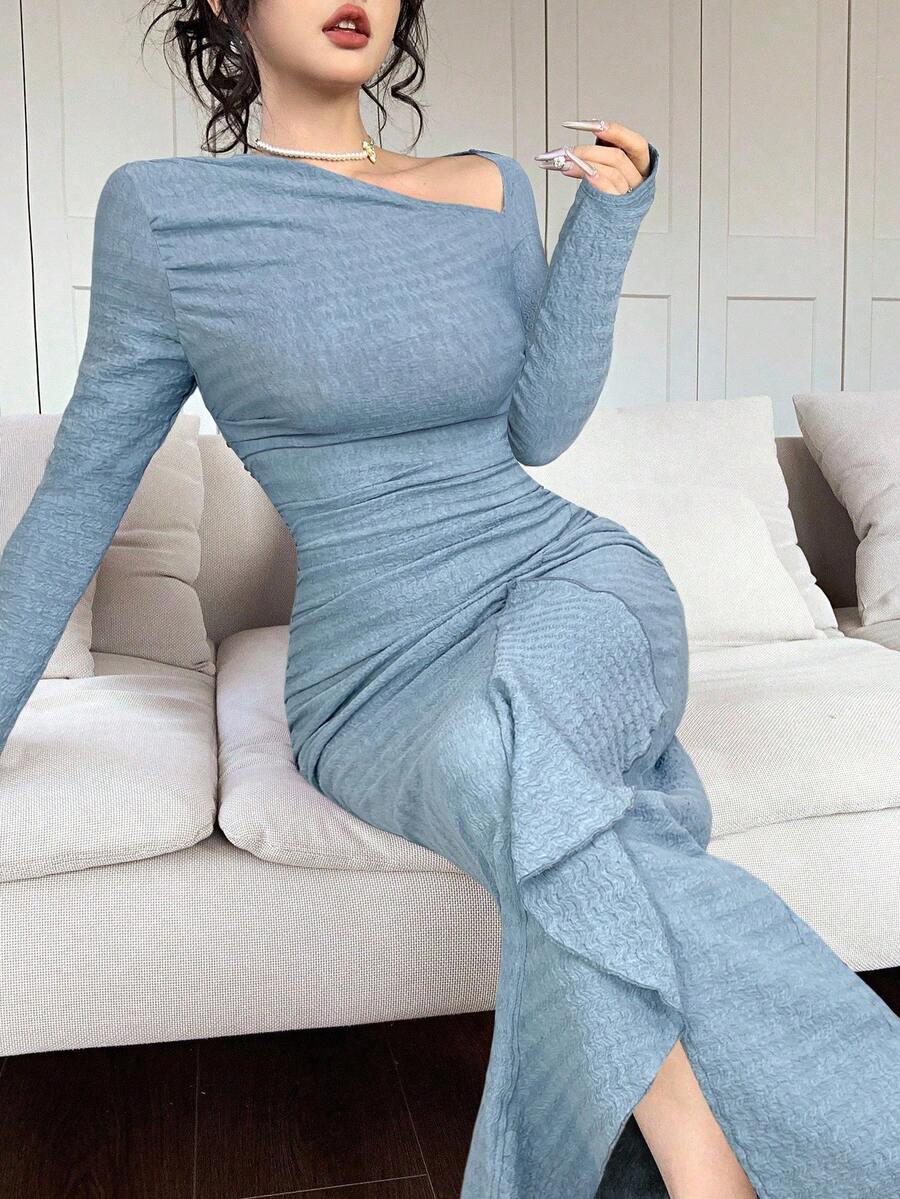 Modelyn 女士纯色不对称领口长袖褶皱下摆优雅修身连衣裙 - 藍色 - 查看 1