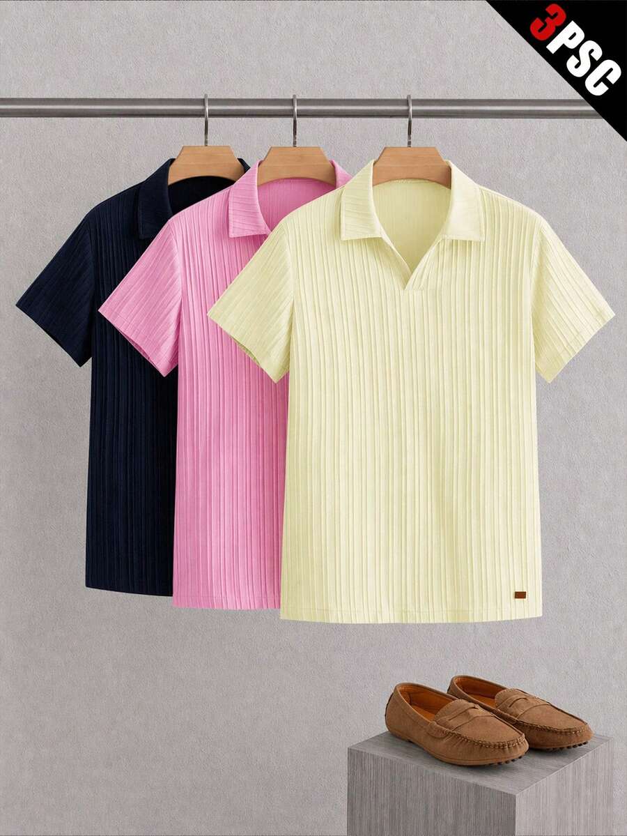 Manfinity VCAY 3pcs/Pack Summer Men's Minimalist Ice Silk Feel Short Sleeve Polo Shirts - Multicolor - View 1
