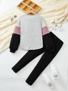 SHEIN Tween 女童休闲拼色罗纹长袖上衣和裤子黑色两件套 - 黑色 - 查看 2